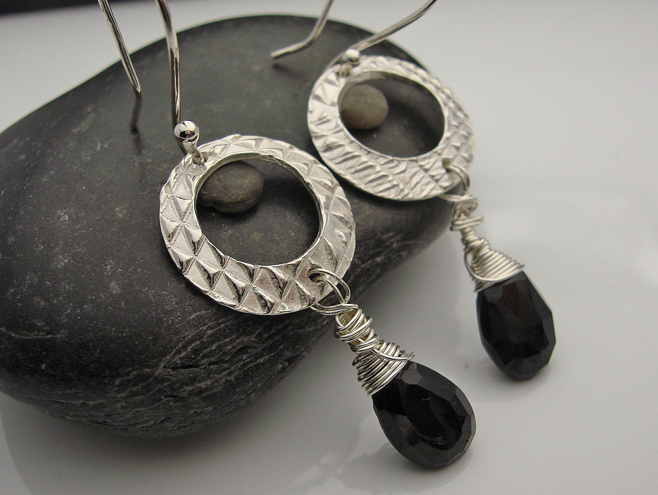 Basic Black, Fine Silver and Black Spinel Earrings