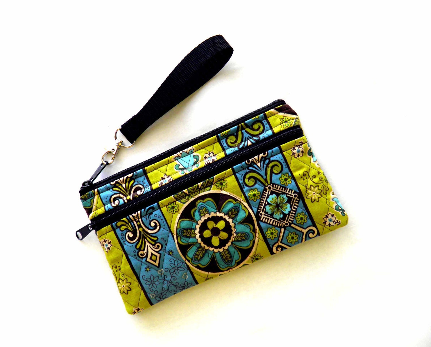 Clutch / Wristlet / Pouch / Wallet / Handbag / Purse / Padded / Zipper / Meadow Lark in Aqua and Green