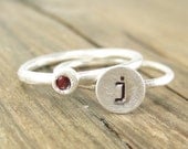 Personalized Rings  -    Initial and Birthstone Ring Set - Jewelry - Mother's Ring