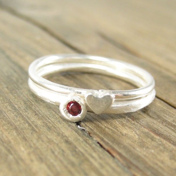Stacking Rings - Jewelry - Birthstone and Heart Ring  - Valentine Ring - Silver Ring