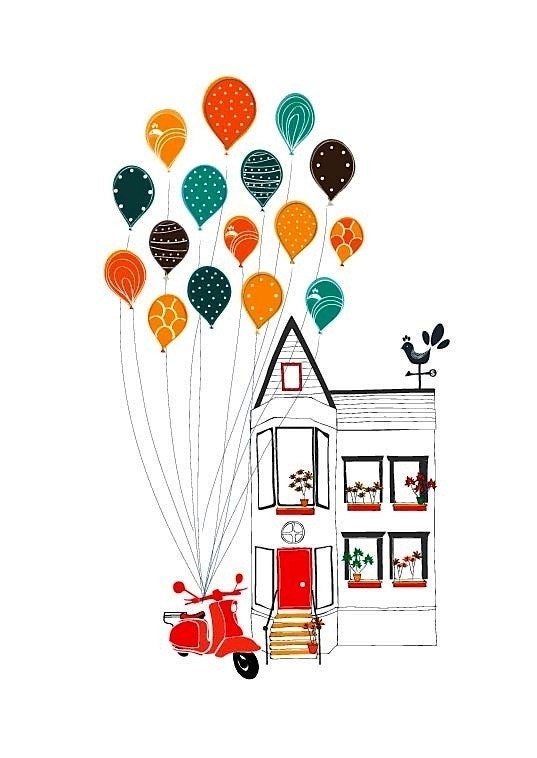 Lovely House and Balloons, Home Sweet Home, Motorcycle, Illustration Art Print Children decor, Kids Room, Wedding Birthday Anniversary Gifts