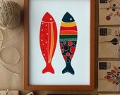 Colorful Fish Print Red and Navy Illustration Art Print Animal Children decor, Kids Room, Wedding Birthday Anniversary Gifts
