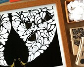Little Flower Peacock Wedding Art Print - Black White - Flower Pattern Children Kids Wall poster Wedding Birthday Anniversary GIft