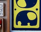 Little Elephants Print / Golden Yellow and Navy Background