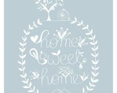 Home Sweet Home Print Blue Bird Illusration Tree House Typography Wedding Birthday Anniversary gift Home decor Art for kids