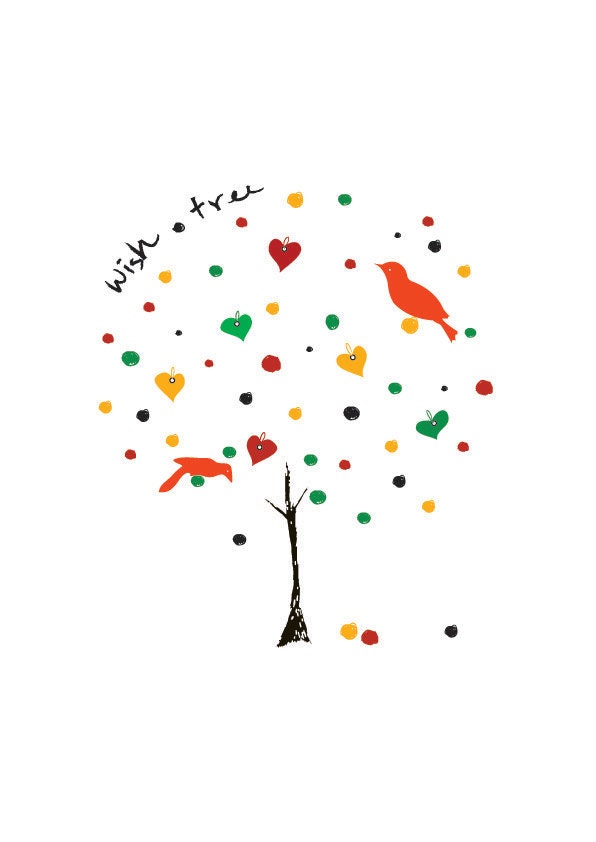 Wish Tree Illustration Art Print Animal Children decor, Kids Room, Wedding Birthday Anniversary Gifts