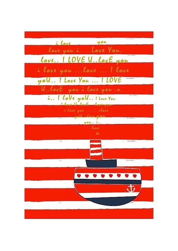 A Love Letter Print / Submarine Dark Navy Red, Illustration Art Print Animal Children decor, Kids Room, Wedding Birthday Anniversary Gifts