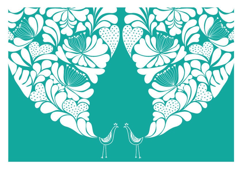 Little Flower Peacocks Wedding Print - Turquoise Children decor, Kids Room, Wedding Birthday Anniversary Gifts Home decor