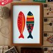 Colorful Fish Print Red and Navy Illustration Art Print Animal Children decor, Kids Room, Wedding Birthday Anniversary Gifts