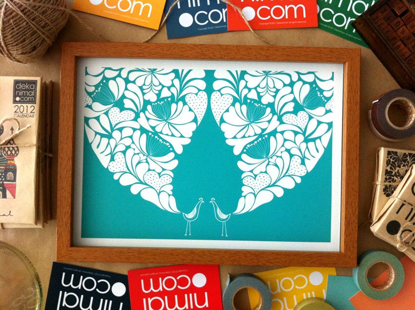 Little Flower Peacocks Wedding Print - Turquoise Children decor, Kids Room, Wedding Birthday Anniversary Gifts Home decor