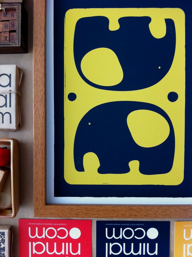 Little Elephants Print / Golden Yellow and Navy Background