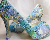 Tropical Island wedding shoes ..  digital print art ...  Sparkling ocean theme bridal shoes