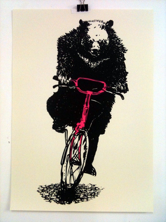 Bear on a Bike linocut print - dayglo pink