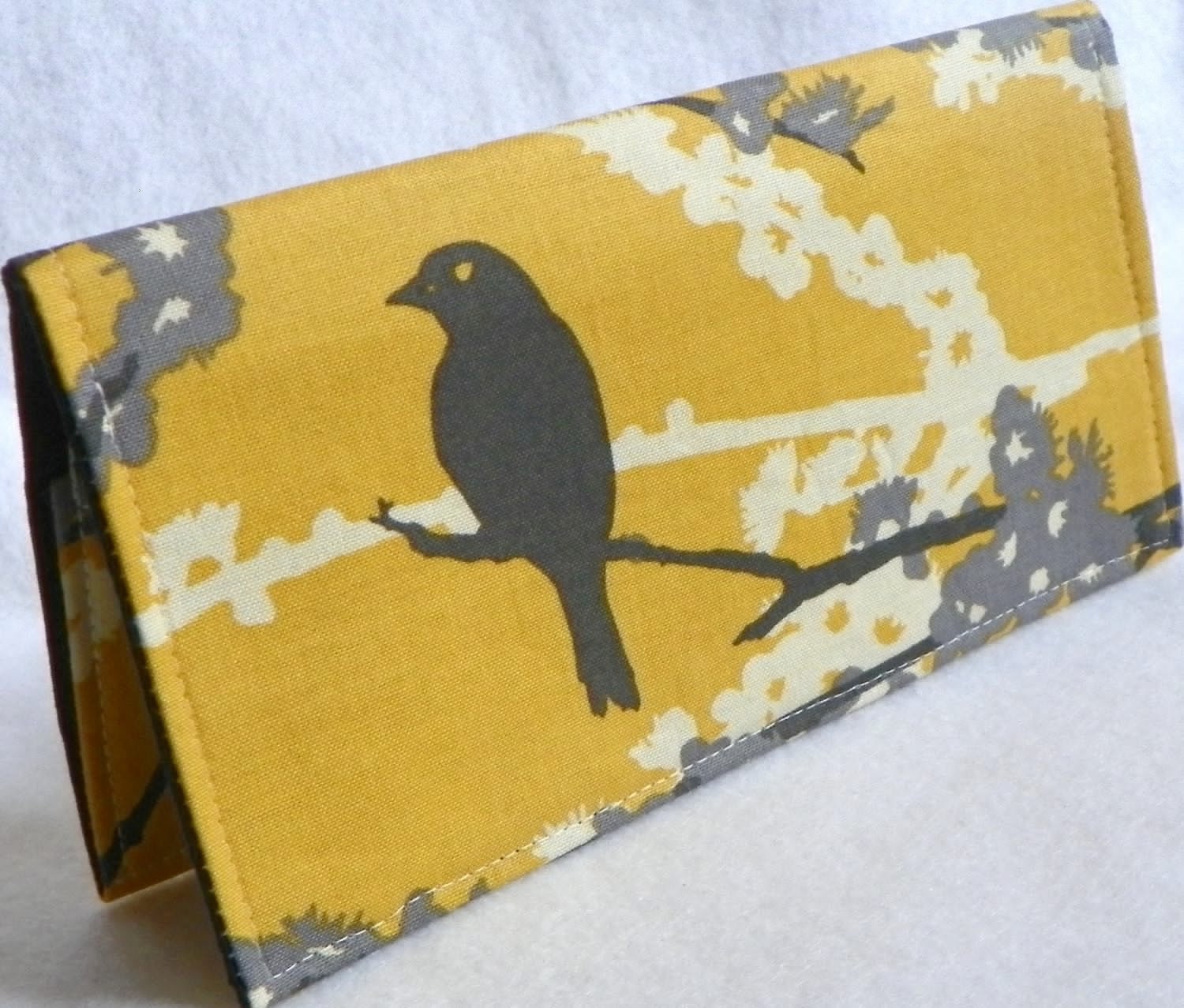 Sparrows in Vintage Yellow Handmade checkbook cover / wallet  Aviary 2