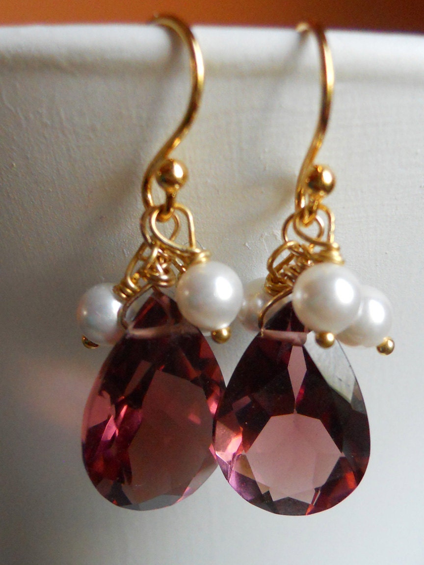 Vamp Gets Married Kunzite Quartz Pear Shaped earrings with pearls RARE AAA quality - $55.00 USD