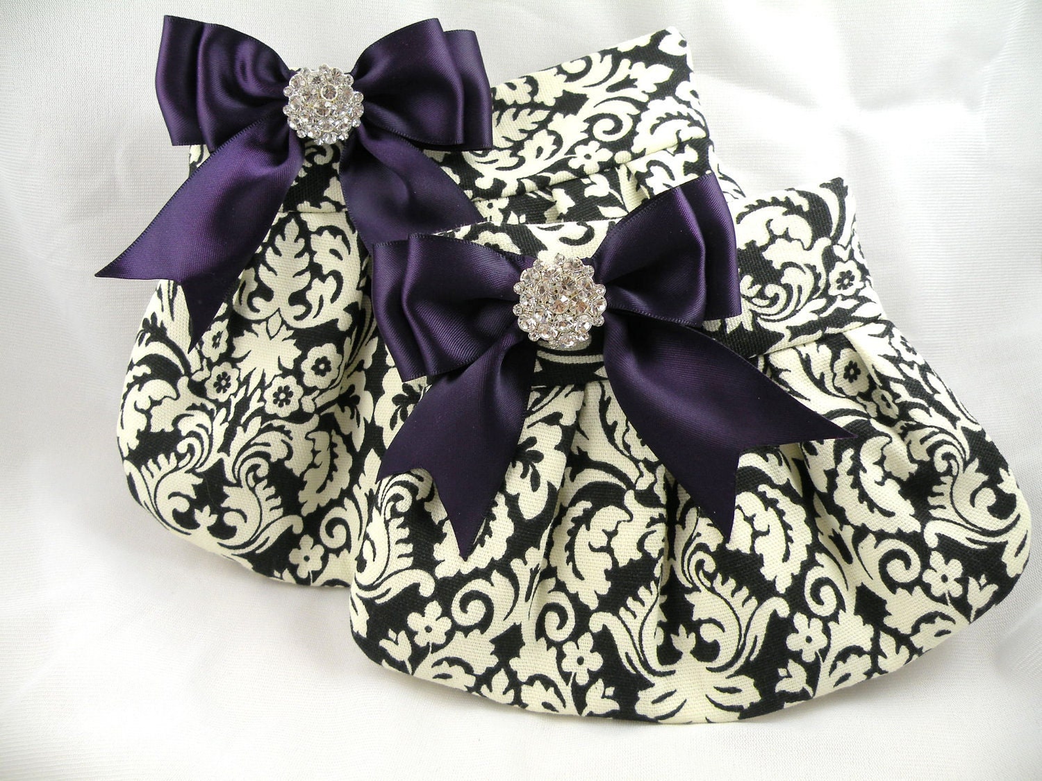 Bride and Jr. Bridesmaid-Flower Girl Clutch Purse Black and Ivory Traditional Damask with Deep Purple Satin Bows & Clear Crystals