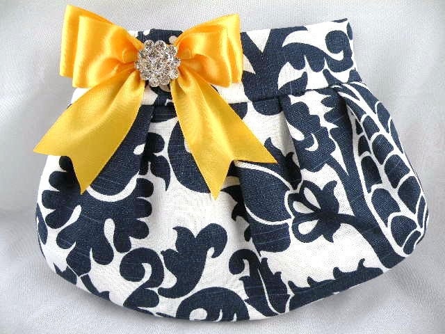 Pleated Clutch  Evening Bag  Purse  Wedding  Bridesmaid  AMSTERDAM  Navy and White with Sunflower Yellow-Gold Satin Bow and Crystal