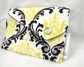 Card Holder-Coin Purse--Yellow, White and Black Madison Damask  with Snap Flap Closure and Key Ring