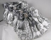 Bridal Pack- 5 Pleated Clutches-Gray and White Amsterdam Damask with  Pewter Satin Bows and Clear Crystals 10% DISCOUNT