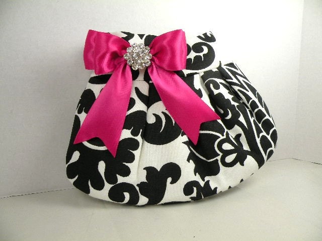 Pleated Clutch  Evening Bag  Purse  Wedding  Bridesmaid  AMSTERDAM  Black and White with Azalea Satin Bow and Crystal