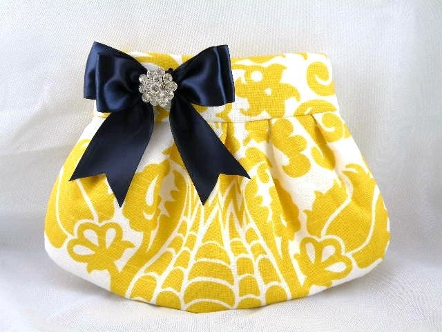 Pleated Clutch  Evening Bag  Purse  Wedding  Bridesmaid  AMSTERDAM  Corn Yellow and White with Navy Satin Bow and Crystal