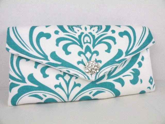 Envelope Clutch/Evening Bag/Purse/Wedding/Bridesmaid Gift--True Turquoise & Off White- TRADITIONS Damask--with clear crystal