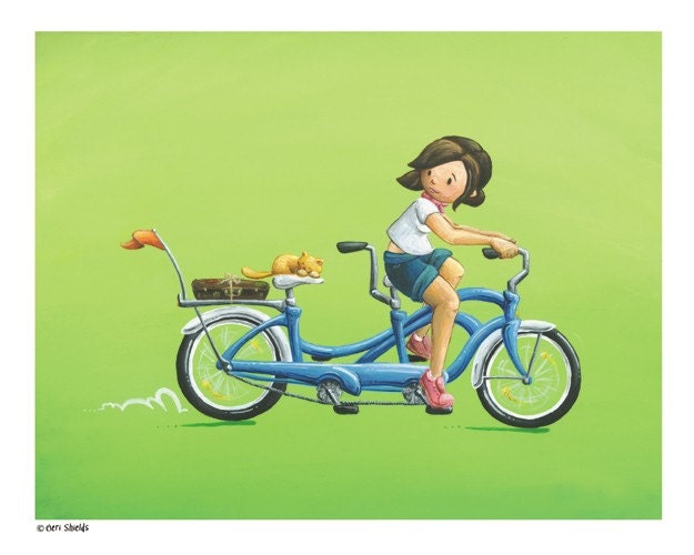 Give and Take - Cute Girl and Cat on Bike 8x10 Print by Geri Shields