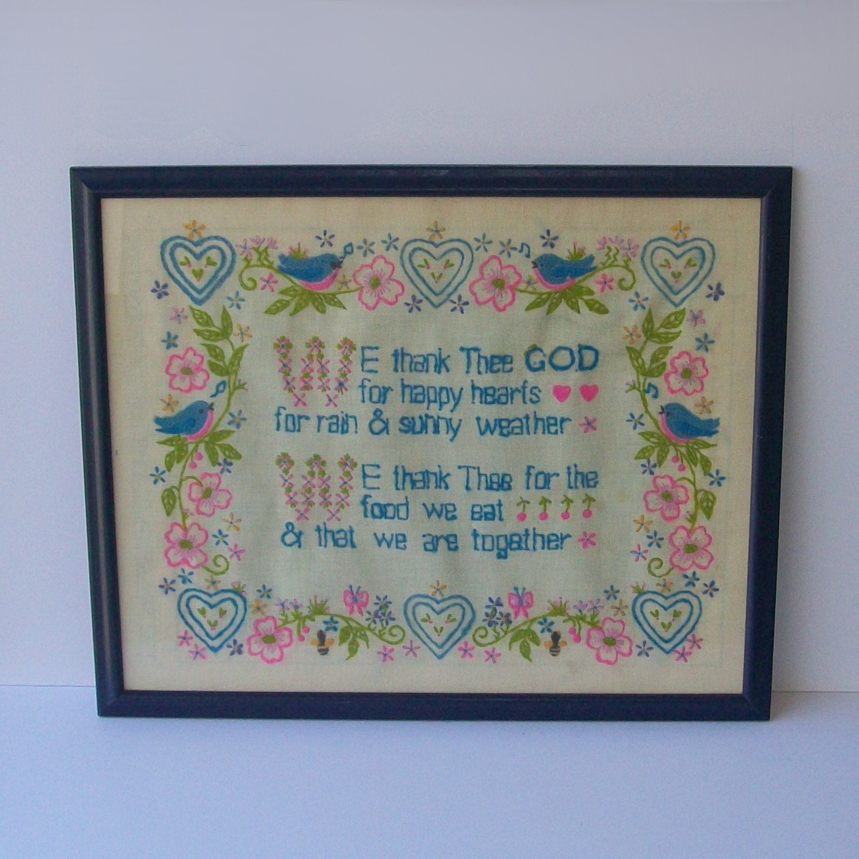 1960s wall hanging / vintage 60s home decor / Blue Bird Framed Embroidery
