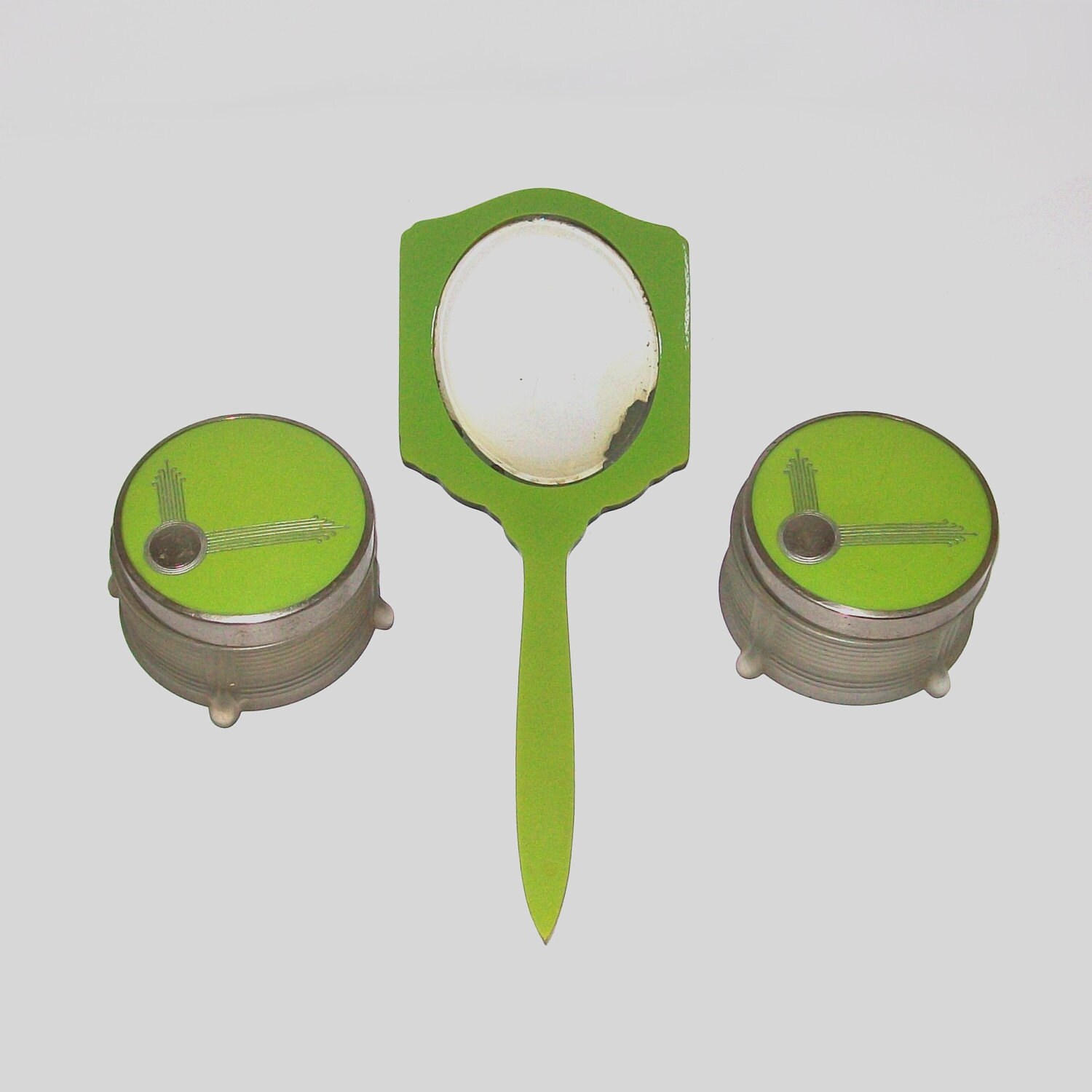 1930s art deco set / vintage 30s boudoir set / antique /  Lime Green Hand Mirror and Glass Jar Bedroom Set