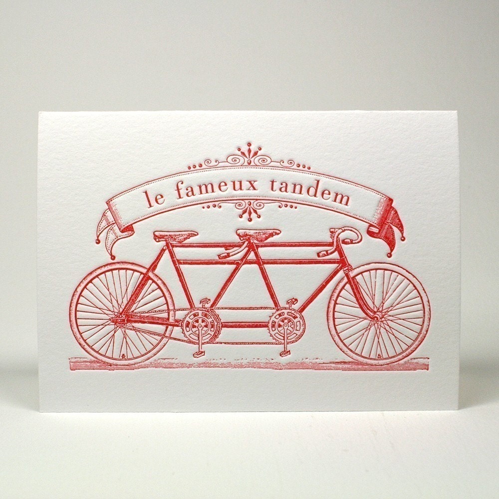 Letterpress card Bicycle Tandem Bike Built for Two in Red