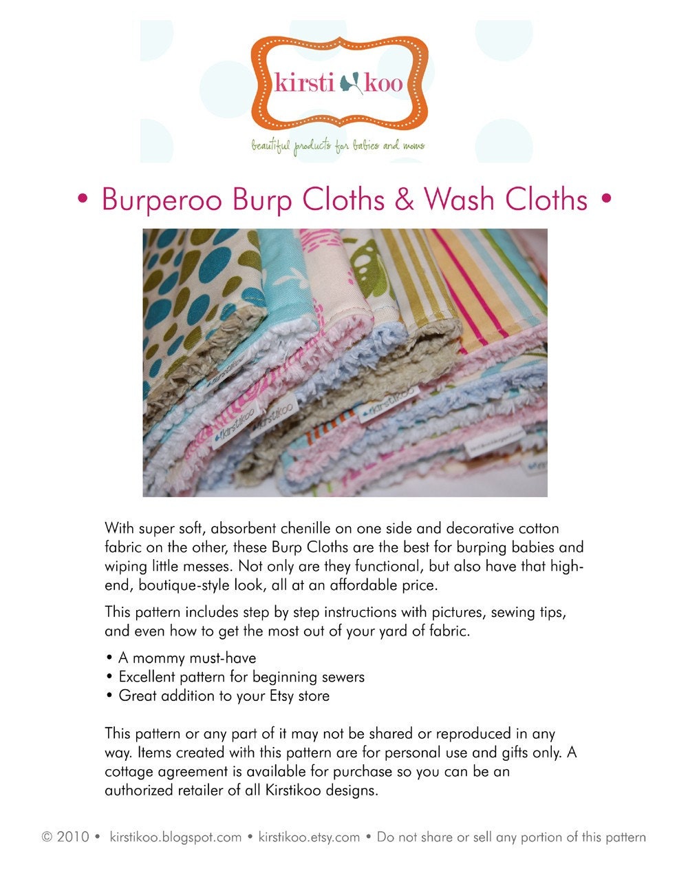 Burperoo Burp Cloth, Washable Wipes and Washcloth- PDF Pattern