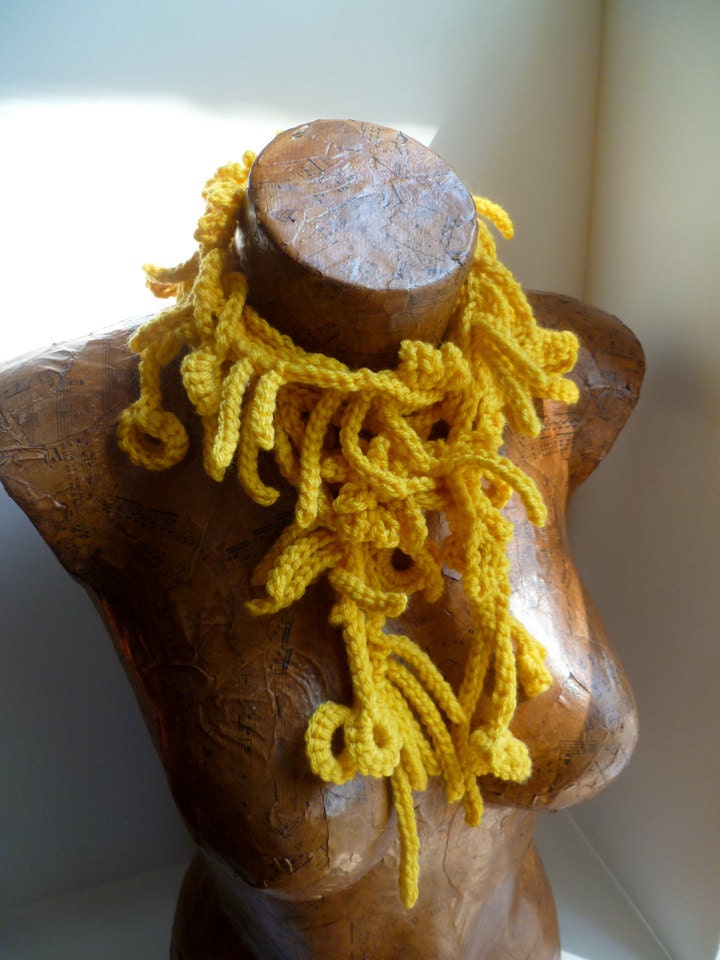 Daisy, freeform crochet fiber art yelow ochre scarf