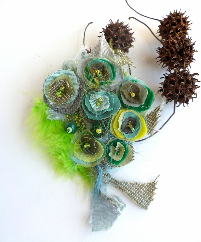 Fantasy XVI, unique wearable fiber art pin in green tones