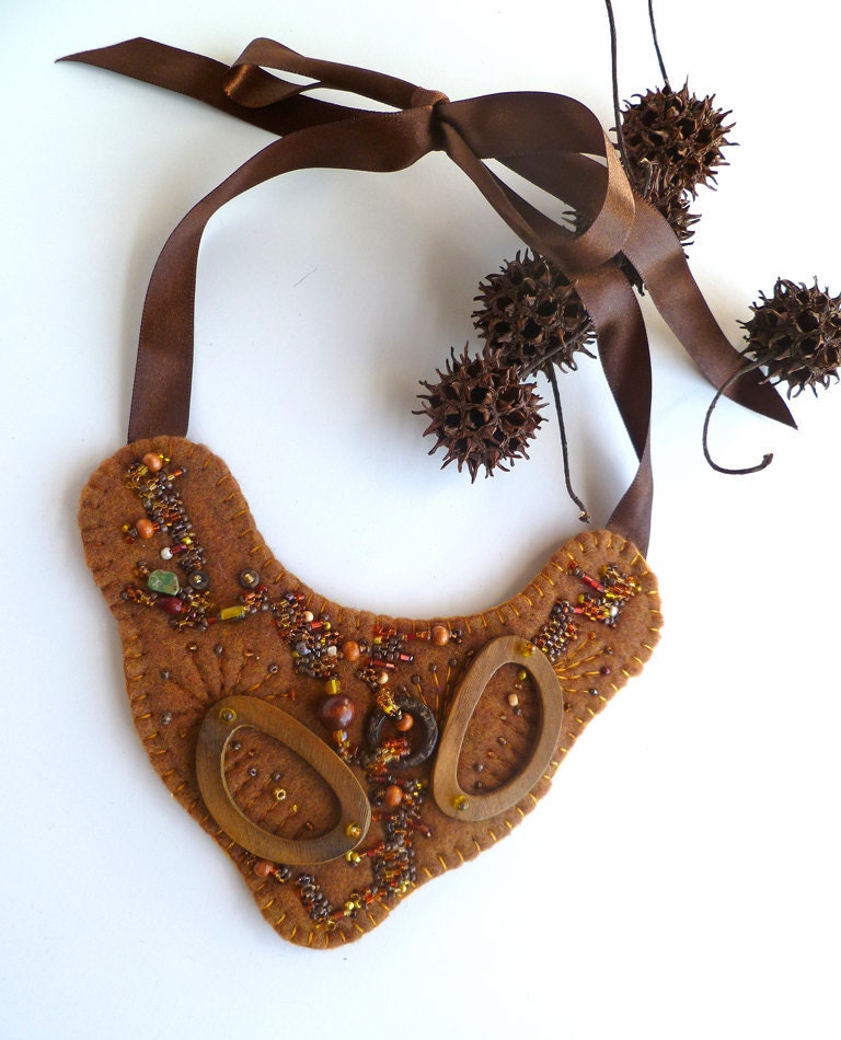 Brown fantasy, unique fiber art bib necklace in brown tones
