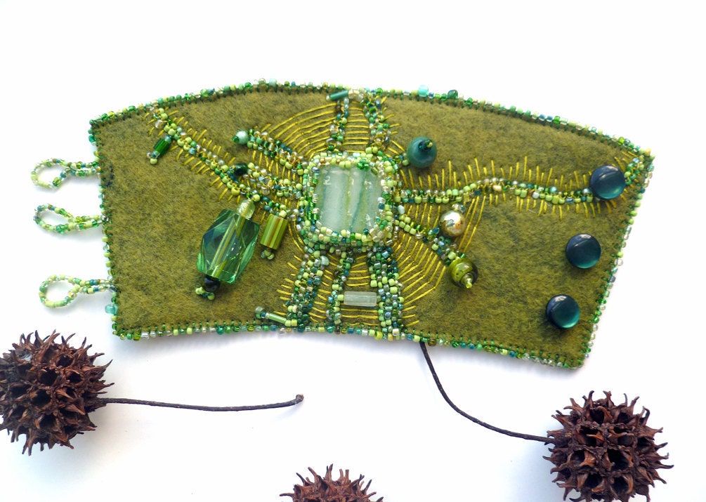 Fragments in green IV, unique wearable fiber art cuff