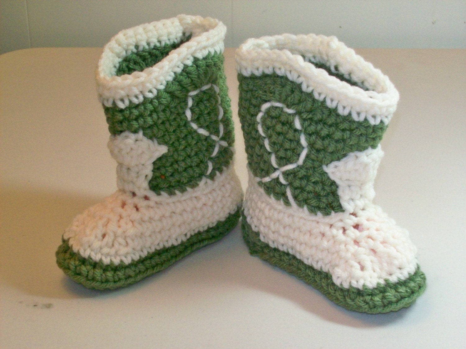 Baby Booties  Light forest green & natural Cowboy Boots  PLEASE STATE SIZE