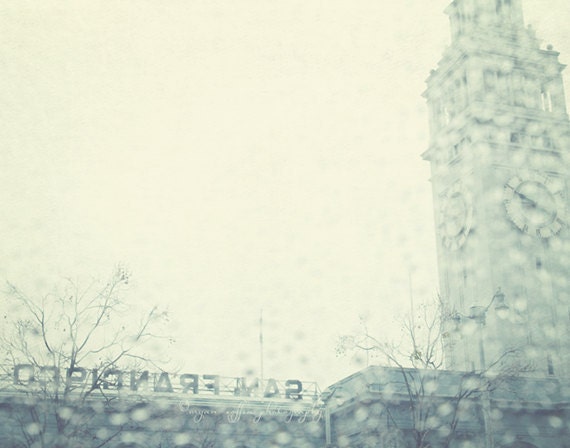 San Francisco photography, rainy winter photograph, grey gray raindrops, Ferry Building pier vacation romantic California city, icy blue
