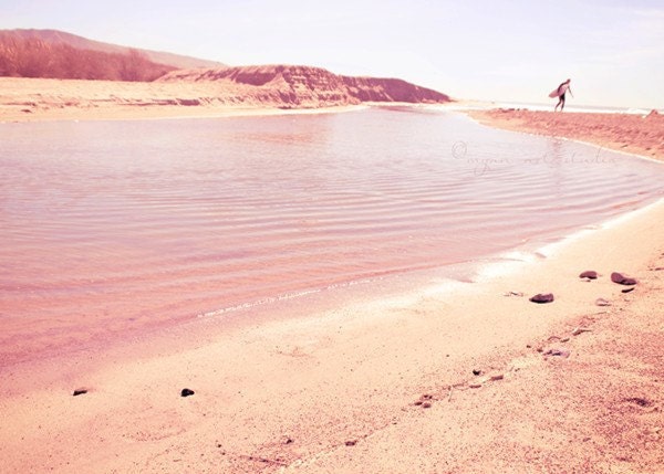 beach cottage decor, California photography, surfer photograph, Step into Liquid, surreal pink surfboard lagoon landscape, girls room decor