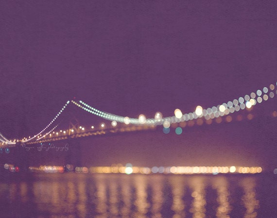 large wall art, San Francisco night photography, Bay Bridge, purple plum, gold lights bokeh sparkle twinkle vacation California romantic
