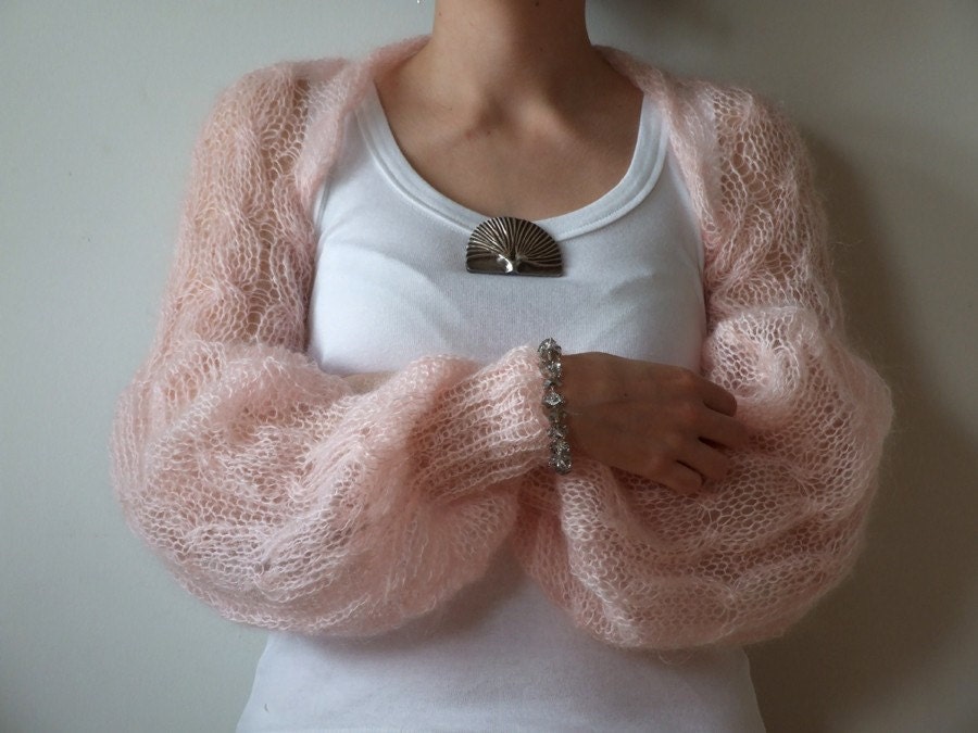 Blush pink SHRUG light as a wisper long puffy sleeves summer fashion hand knitted
