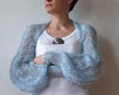 Shrug powder blue with cables light as a whisper long puffy sleeves summer fashion hand knitted