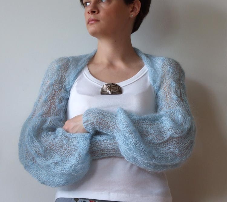 Shrug powder blue with cables light as a whisper long puffy sleeves summer fashion hand knitted