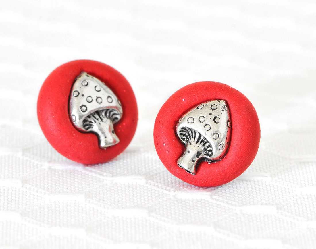 Woodland Mushroom Earrings Summer Fashion Jewelry in Ruby Red Glitter Polymer Clay Posts are  Surgical Stainless Steel