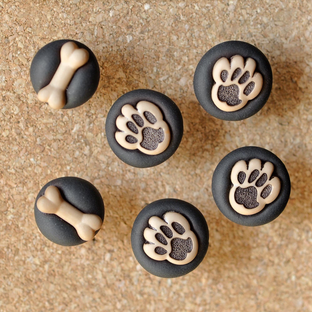Puppy Paws Pushpins with Mini Dog Bones in Black Polymer Clay Animal Lover Gift Set for Back to School