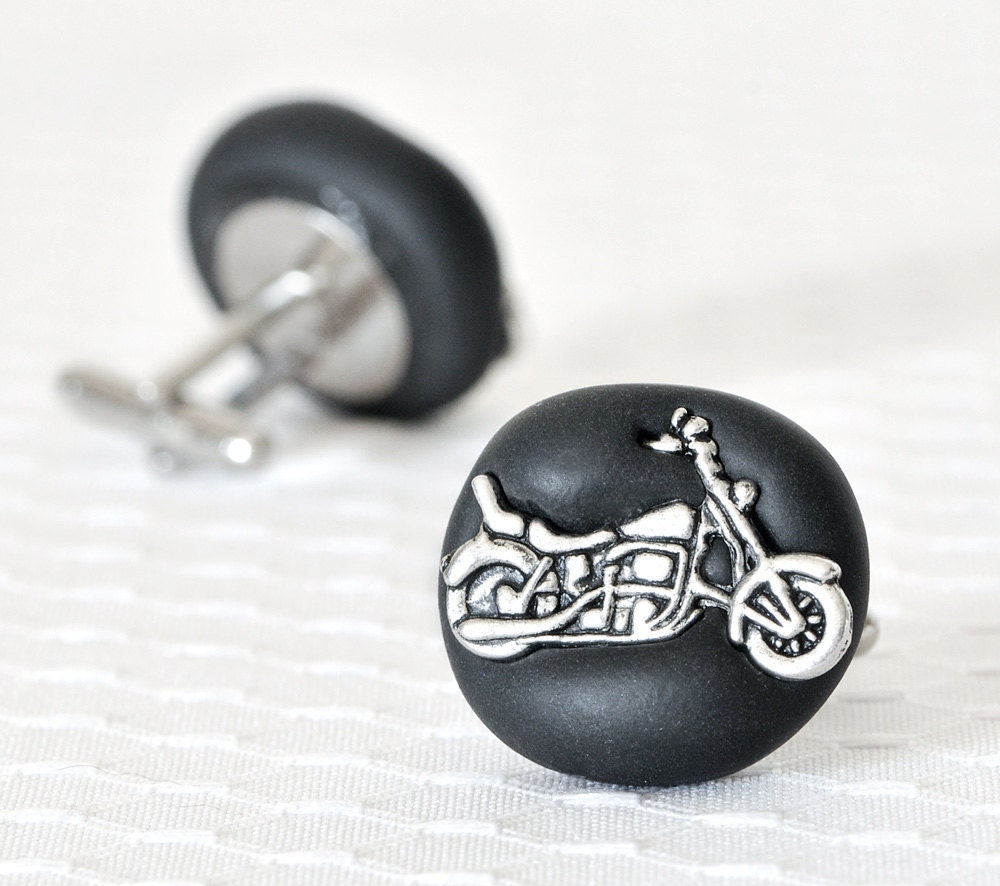 Motorcycle Wedding Cufflinks for Manly Men Grooms and Groomsmen in Black Polymer Clay - Custom Colors Available
