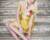Lace and Linen Dress Mustard Yellow Off Shoulder - SpathDesigns