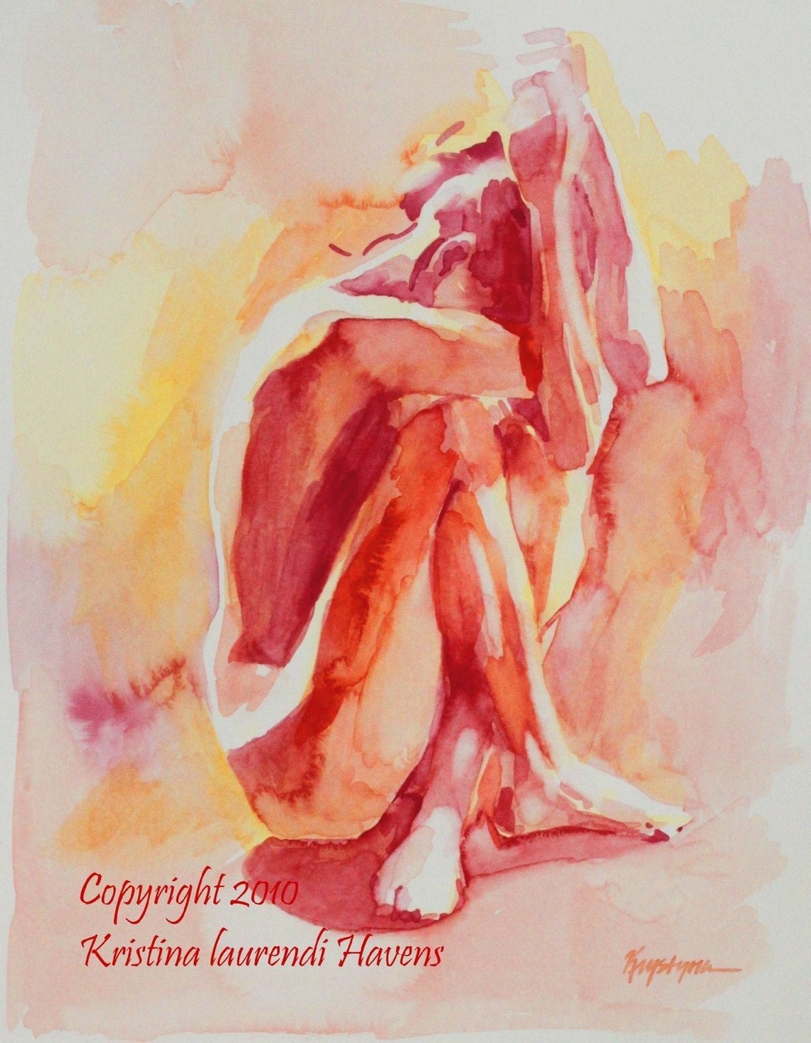 Guarded Female Figure in Citrus Colors - Open Edition Fine Art Print of a Watercolor
