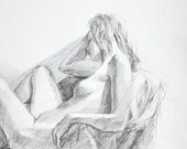 Original Graphite Drawing - Female Model Seated with Drapery