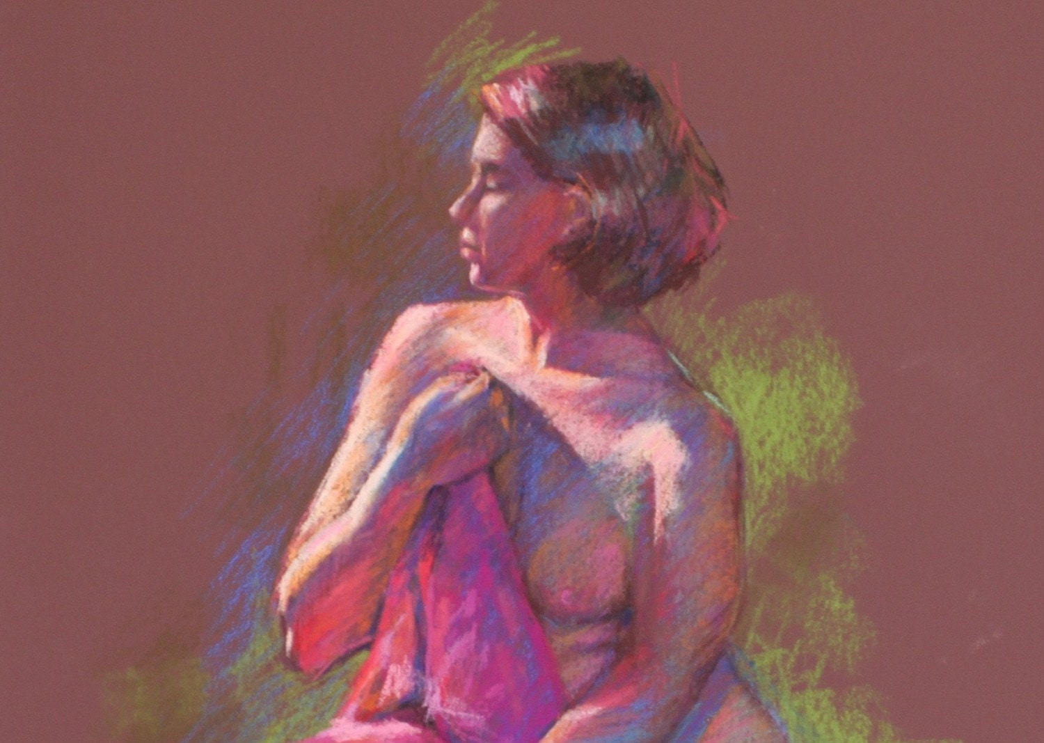 Pastel Drawing of Female Model holding Fuchsia Drapery - Original Fine Art