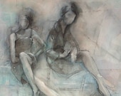 Figure Painting in Silver and Blue - Fashion Inspired Mixed Media Art Fine Art Print Reproduction